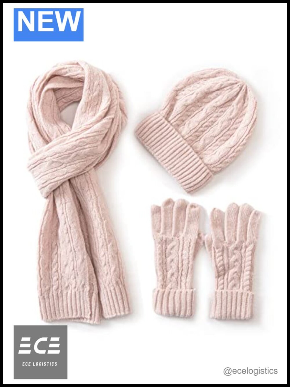 Wool Cable Knit Beanie Hat Gloves Scarf Winter Set 3 Piece